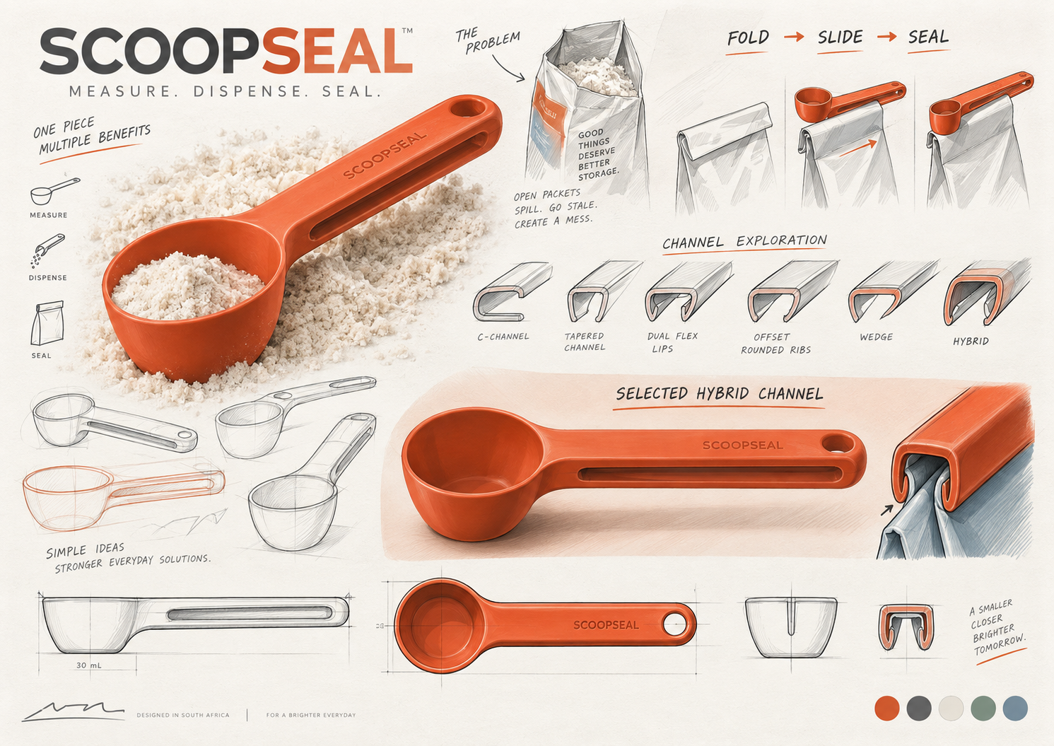 SCOOPSEAL industrial-design sketch board showing a buried scoop, fold-slide-seal use steps, closure-channel studies and the selected hybrid channel.