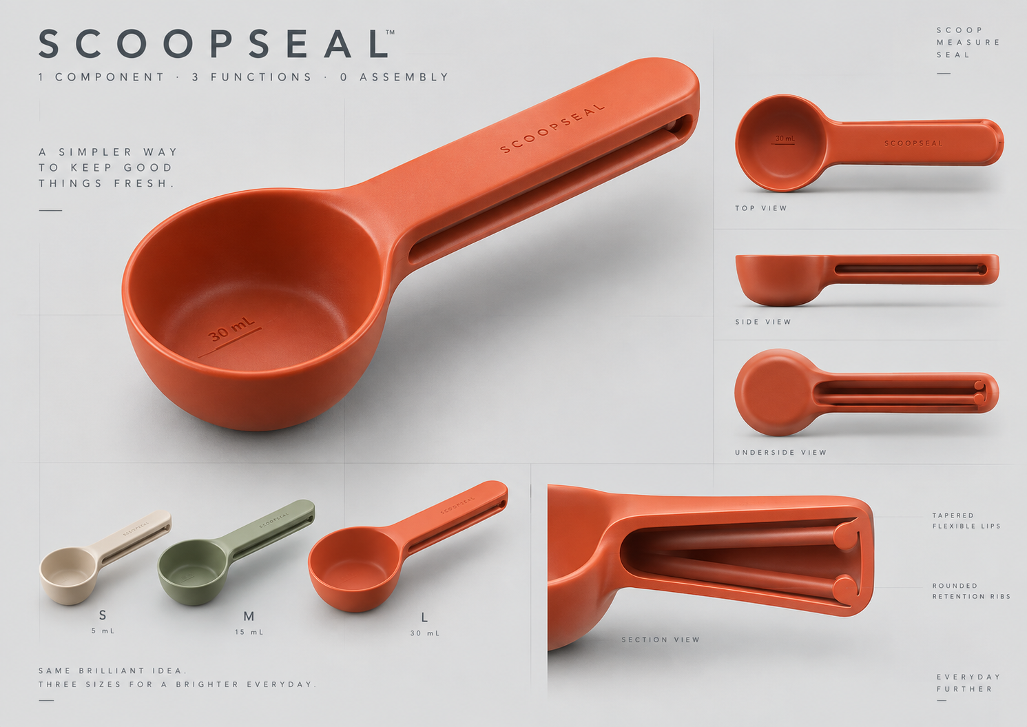 Orange-red SCOOPSEAL concept shown in hero, top, side, underside and sectional views, with small, medium and large size variants.