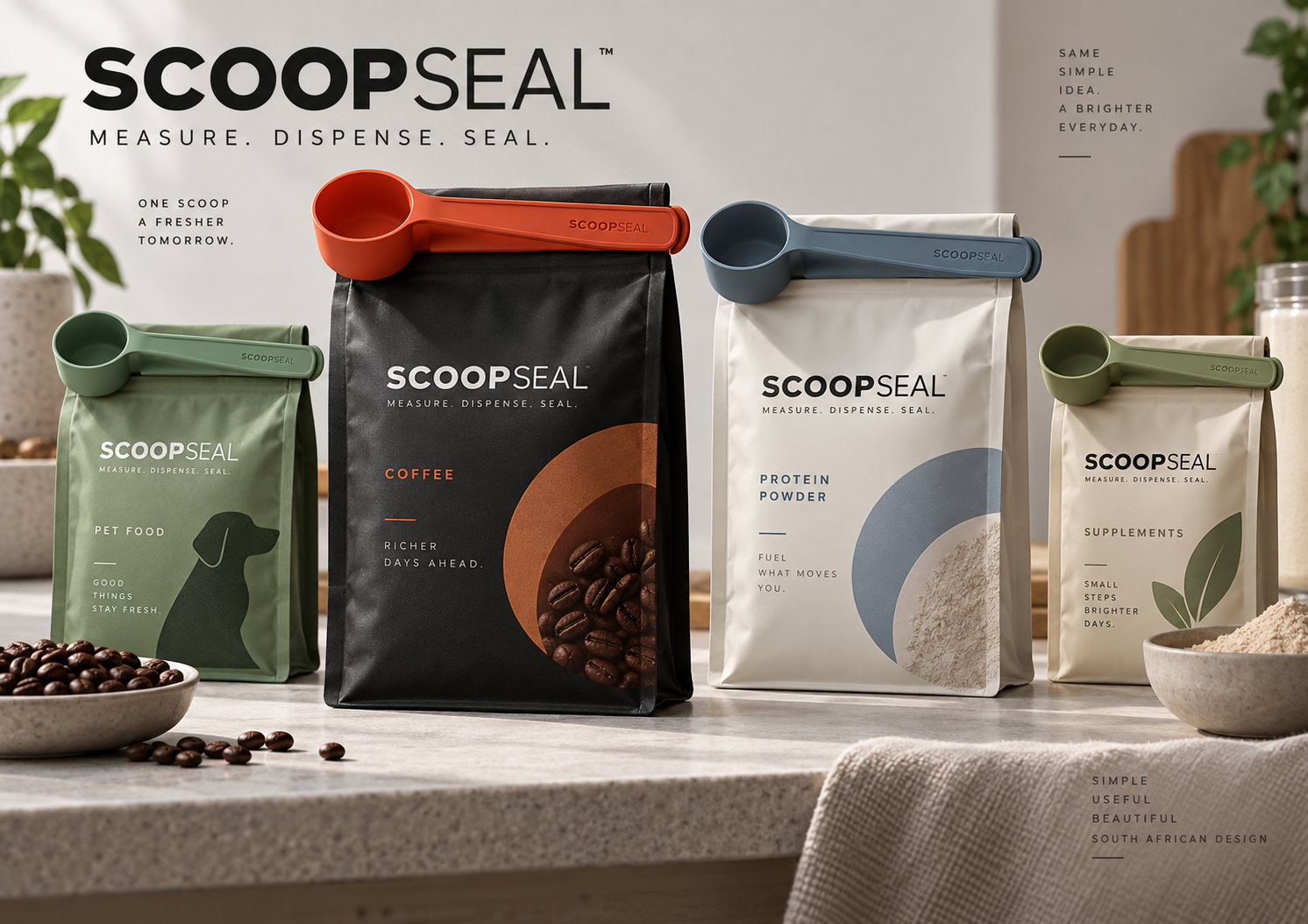SCOOPSEAL scoops clipped across folded coffee, protein powder, supplement and pet-food pouches in a coordinated packaging range.