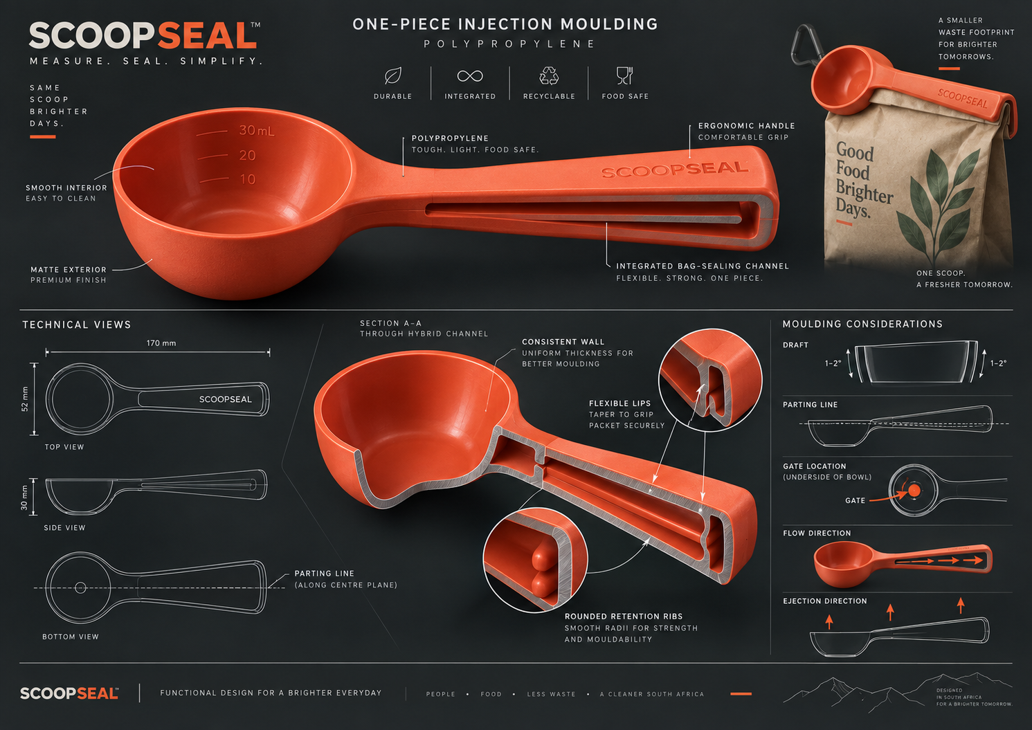 Technical SCOOPSEAL board showing a polypropylene concept and injection-moulding considerations.
