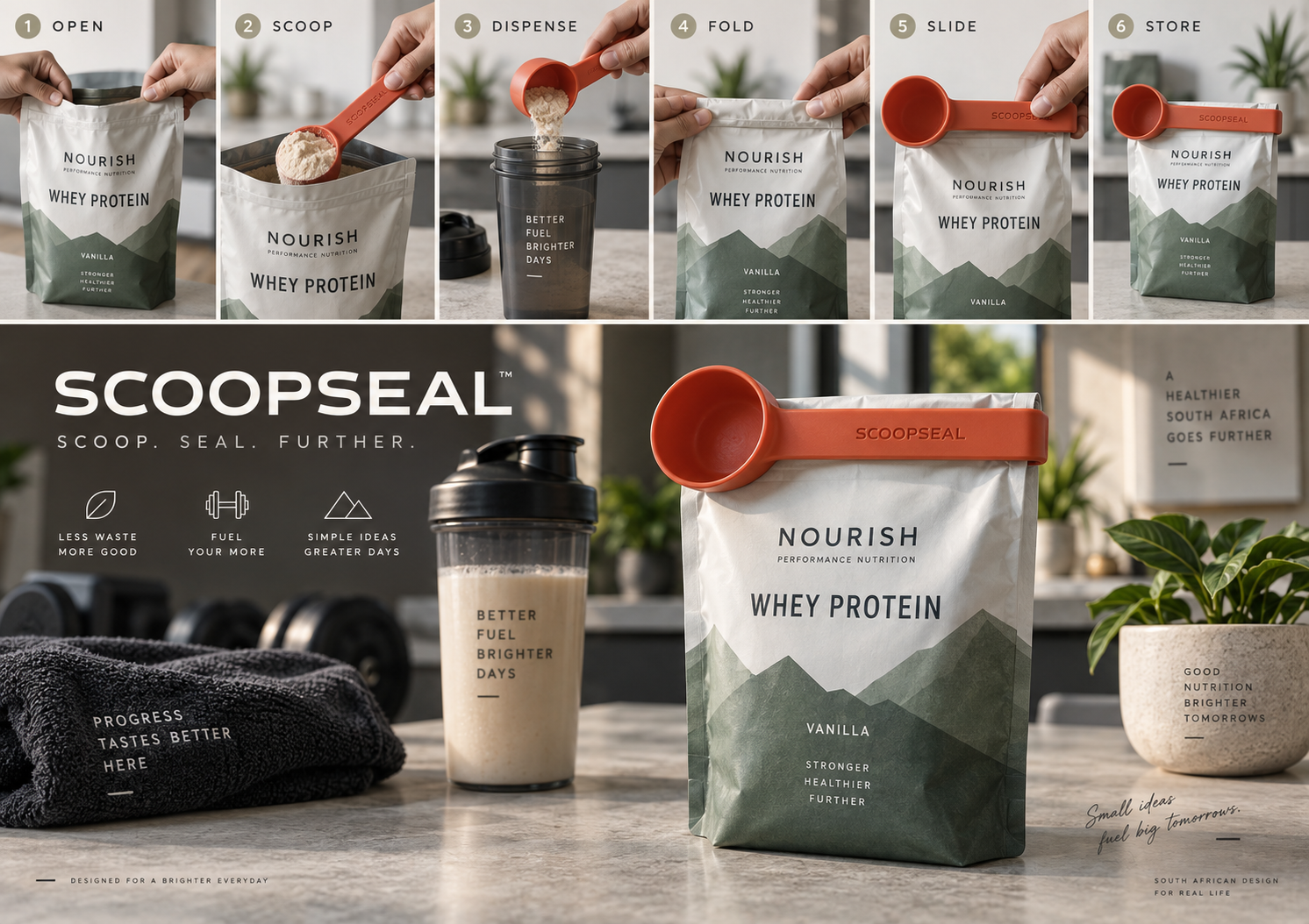 Six-step SCOOPSEAL sequence showing protein powder being measured and dispensed before the scoop slides over the folded pouch for storage.