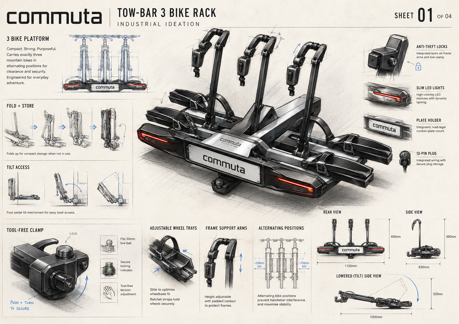 commuta concept sketches exploring bike supports, clamping, lighting and folding.
