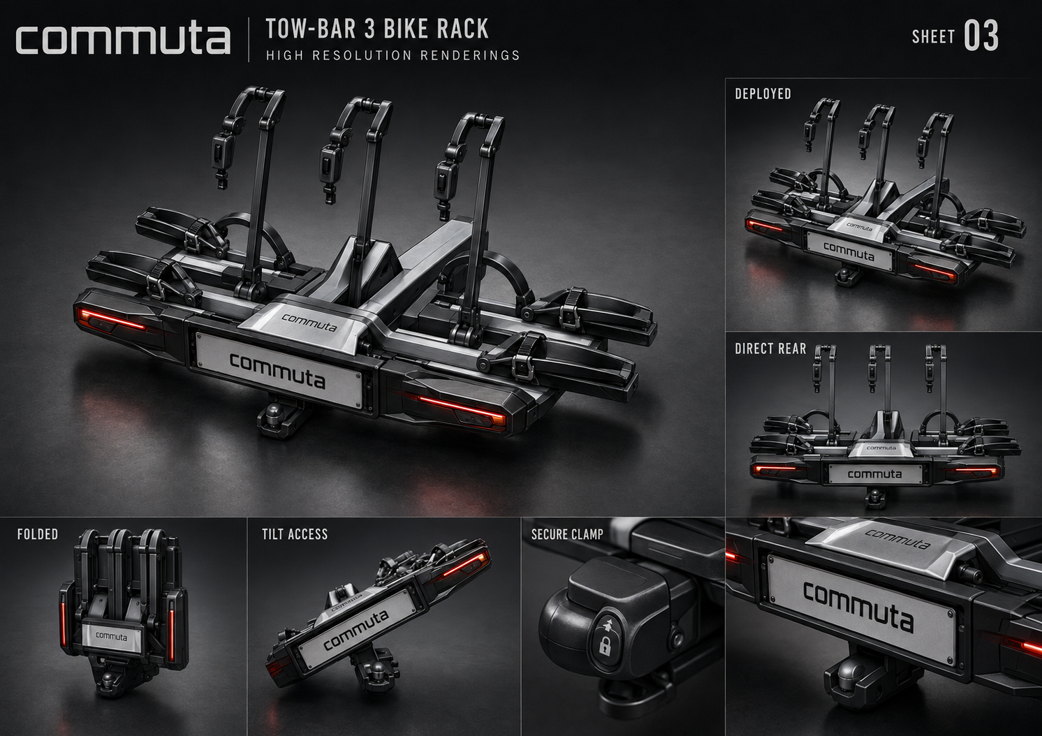 Black commuta three-bike carrier concept with folded, tilted and deployed views.