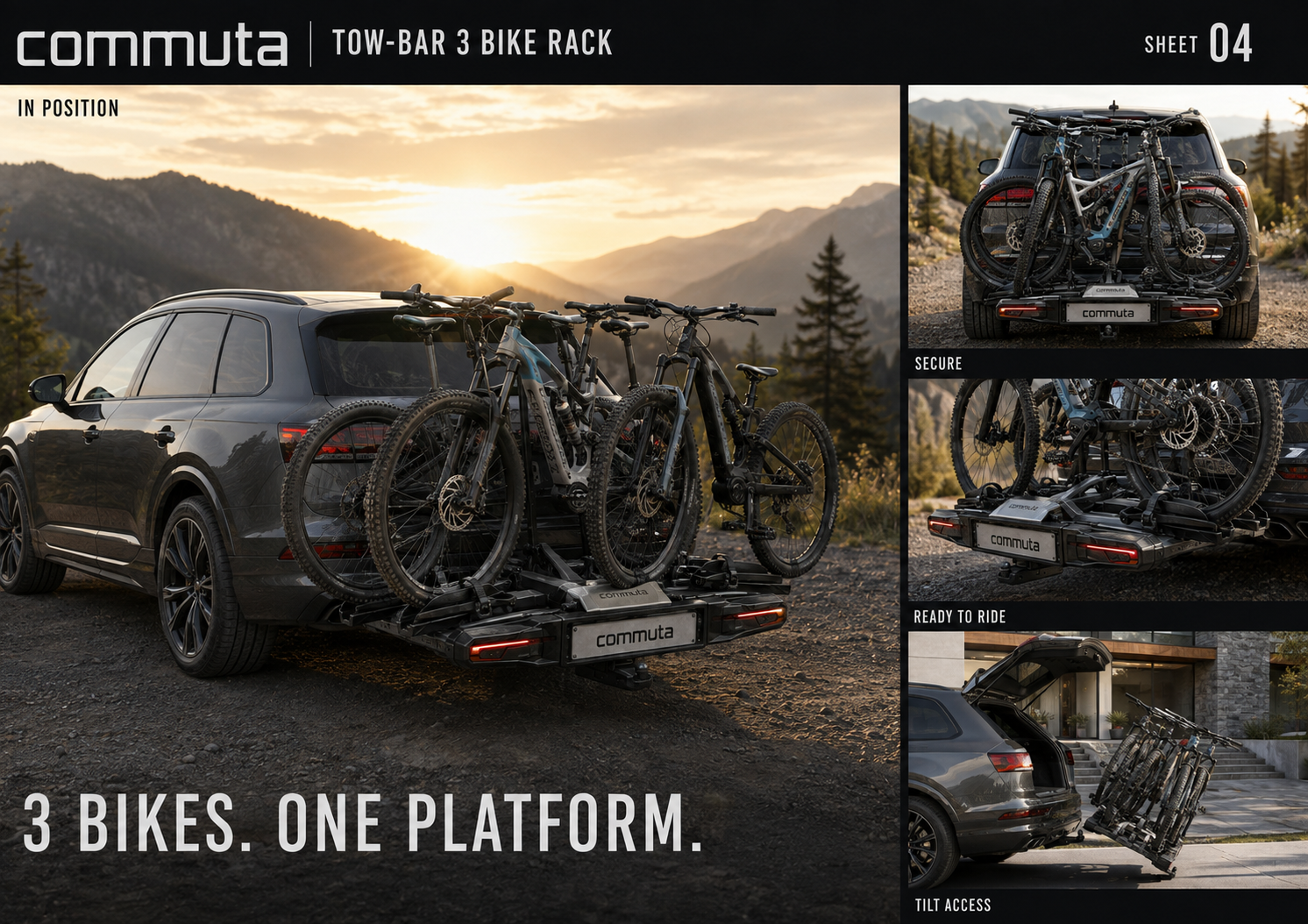 Concept renderings of the commuta rack carrying bikes behind a vehicle.