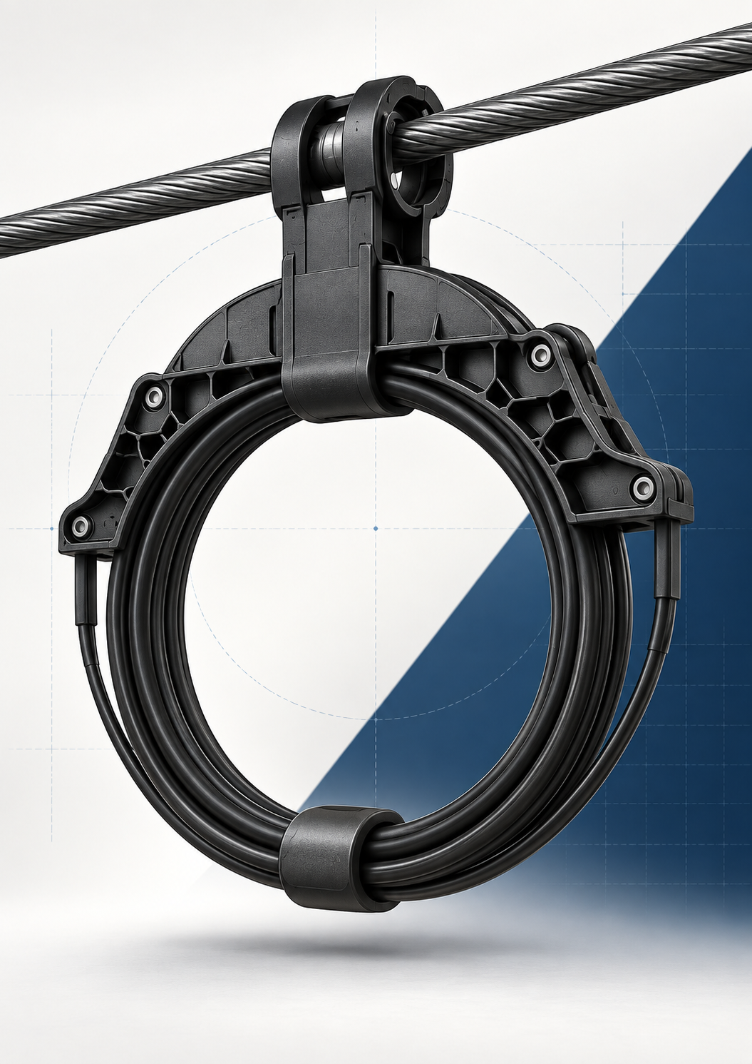 FAMS-LOOP aerial fibre-management system shown as a detailed studio hero render with an integrated messenger-wire mount and retained fibre loop.