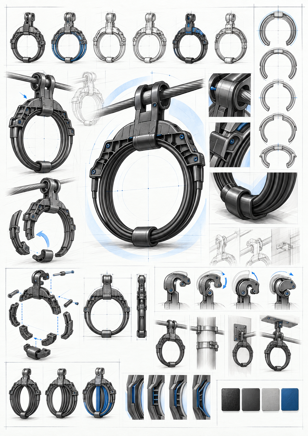 FAMS-LOOP exploration board showing loop profiles, mounting arrangements, mechanism studies, material directions and cable-management details.