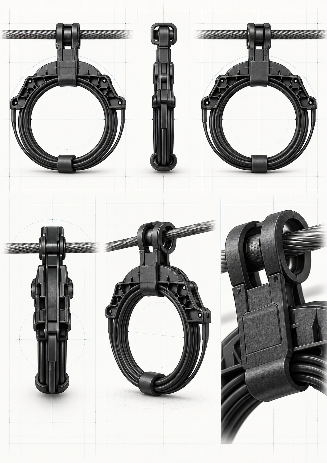 Consistent FAMS-LOOP product views showing front, side, rear, top and close-up mounting and cable-retention details.
