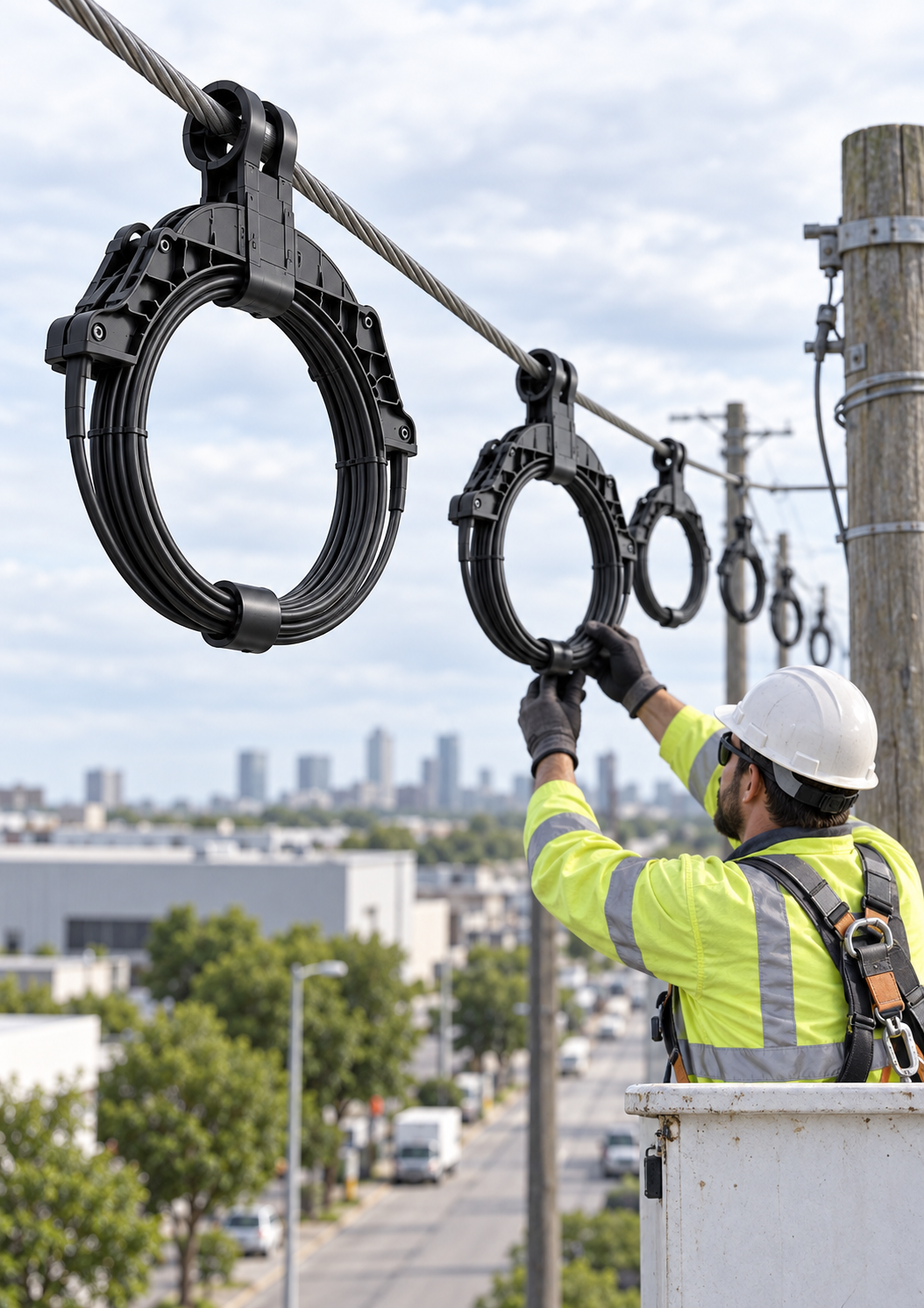 FAMS-LOOP shown managing fibre loops in a realistic aerial telecommunications installation.