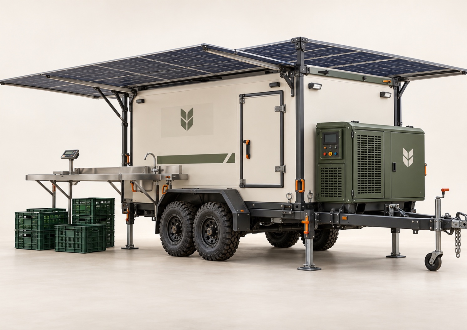 HARVESTHUB mobile solar-powered crop preservation trailer in a studio view.