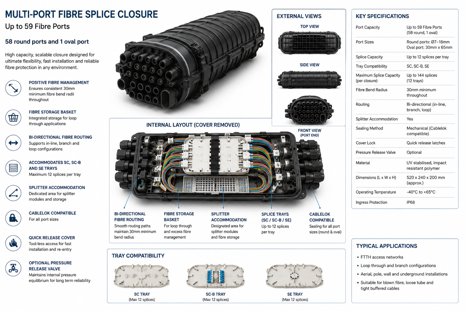 MP59 concept board showing external views, internal fibre routing and proposed tray layouts.