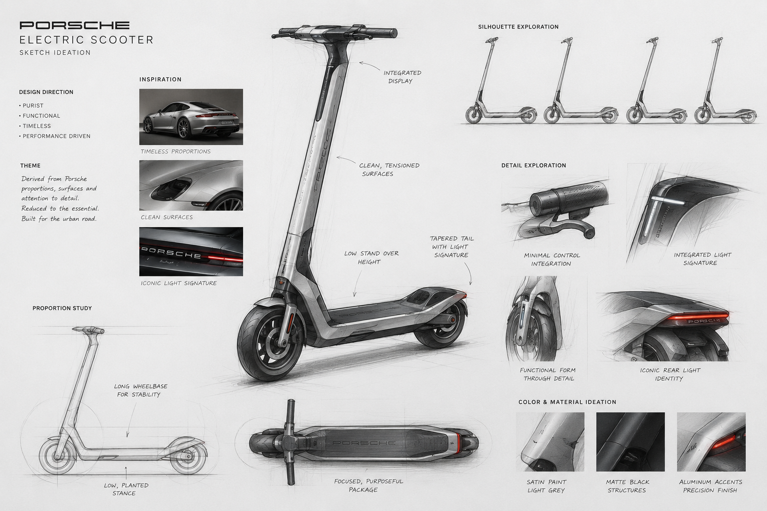 Electric scooter sketches exploring automotive-inspired proportions, silhouettes, controls and lighting details.