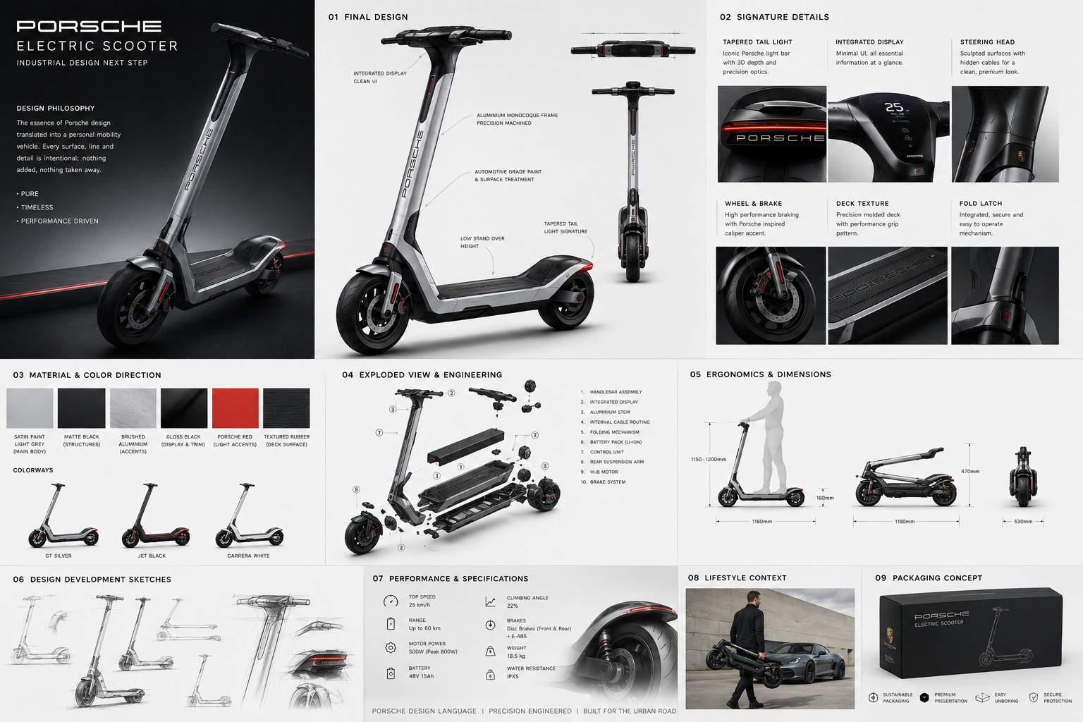 Silver and black Porsche-inspired electric scooter concept showing studio views, signature lighting, finishes, folding and ergonomic studies.