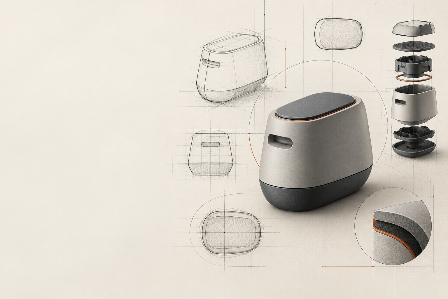 Materials, product sketches and a prototype arranged as a studio design study