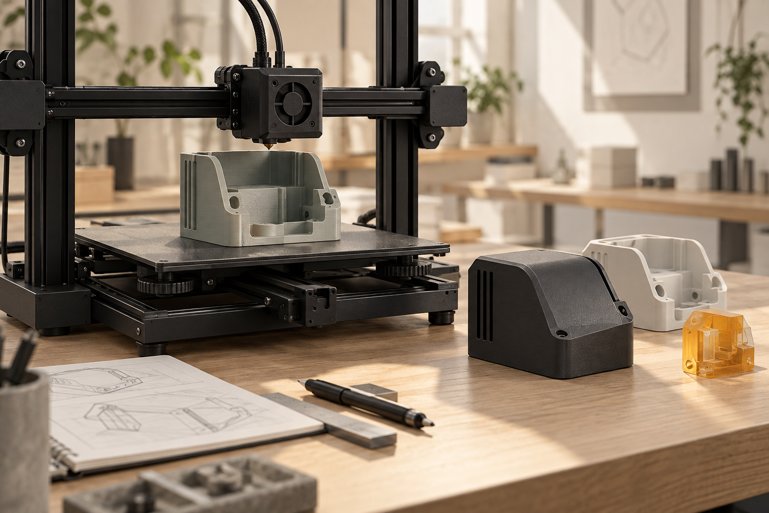 A 3D printer producing a functional housing beside finished additive-manufacturing prototypes.