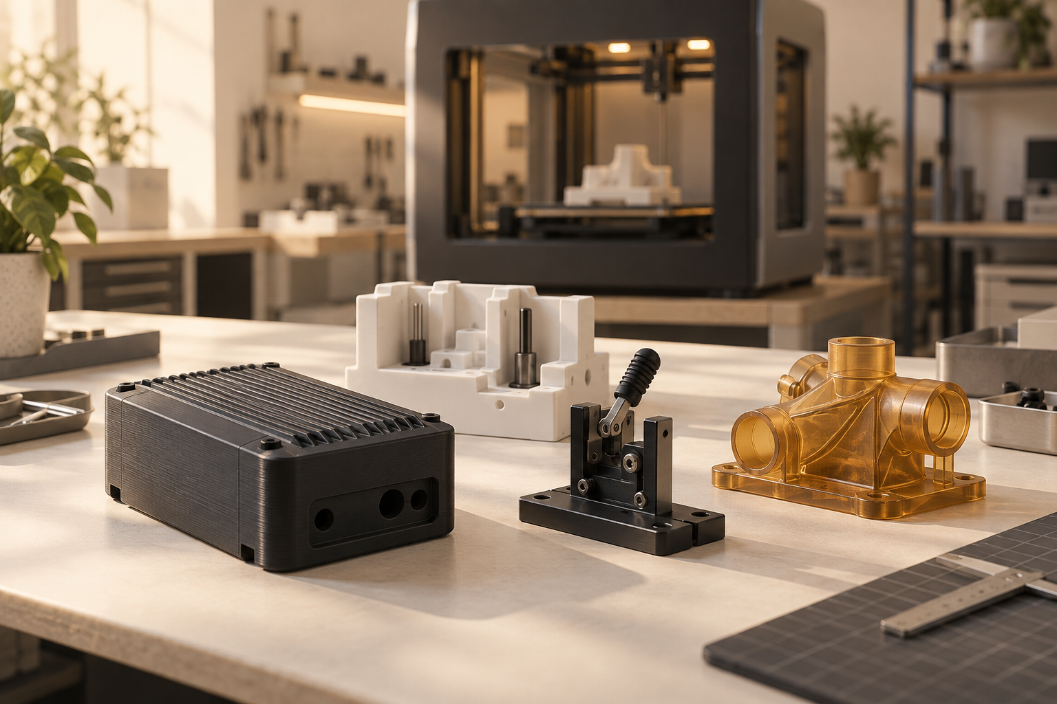 Functional printed components and additive-manufacturing equipment arranged in a manufacturing studio.