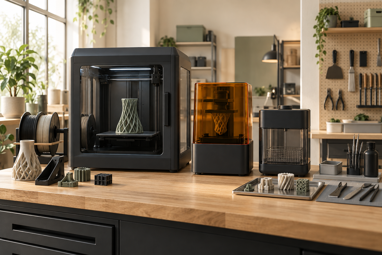 Additive-manufacturing equipment and finished printed components in a calm production studio.