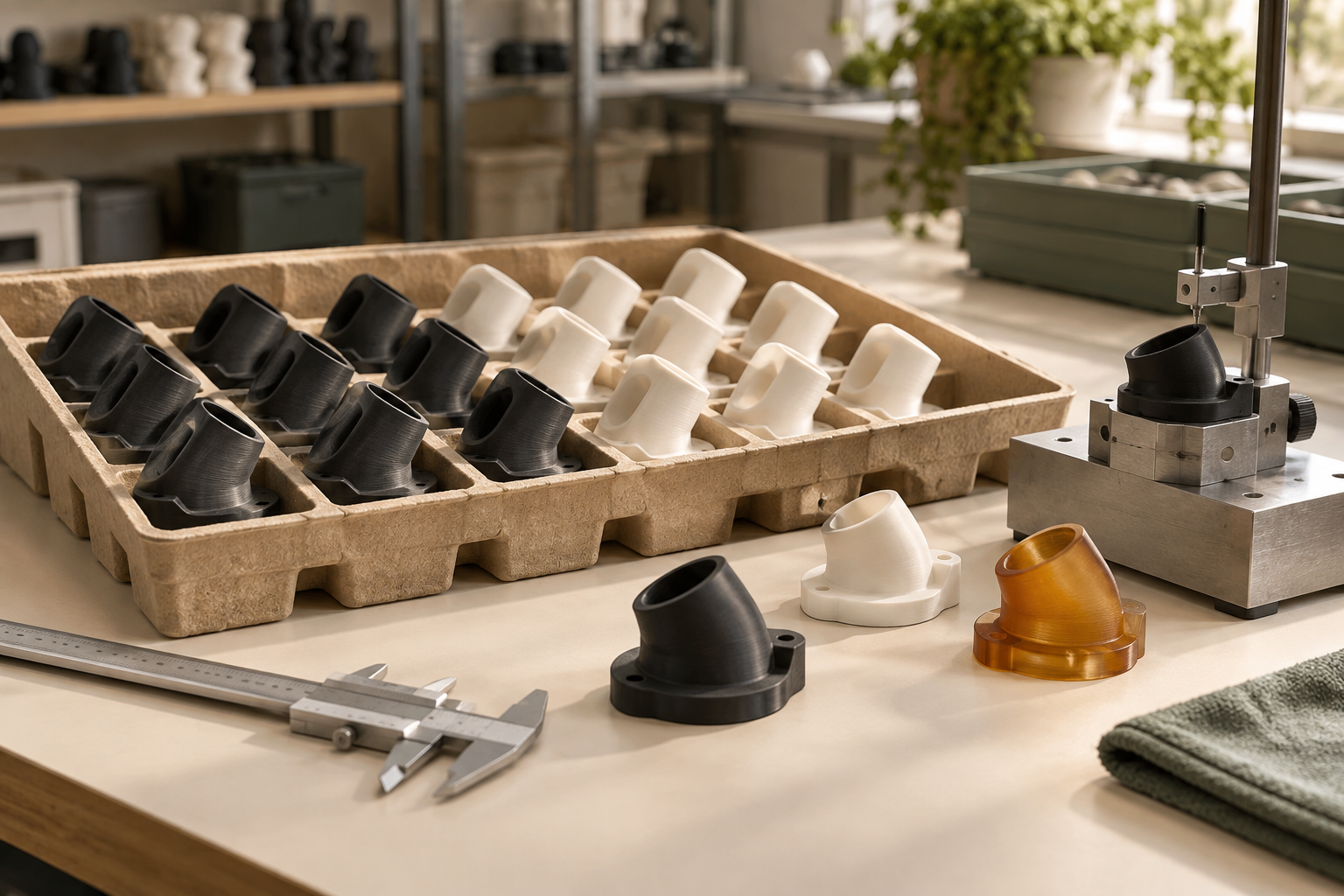 A small batch of repeatable additive-manufactured components arranged for inspection in a production studio.
