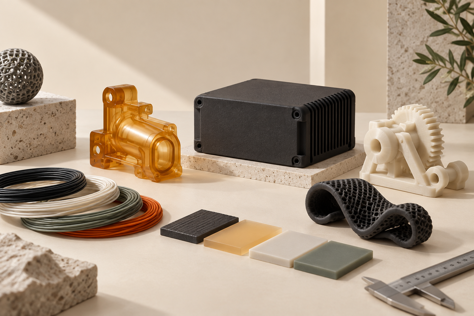 A studio study of additive-manufacturing materials, functional printed parts and material swatches.