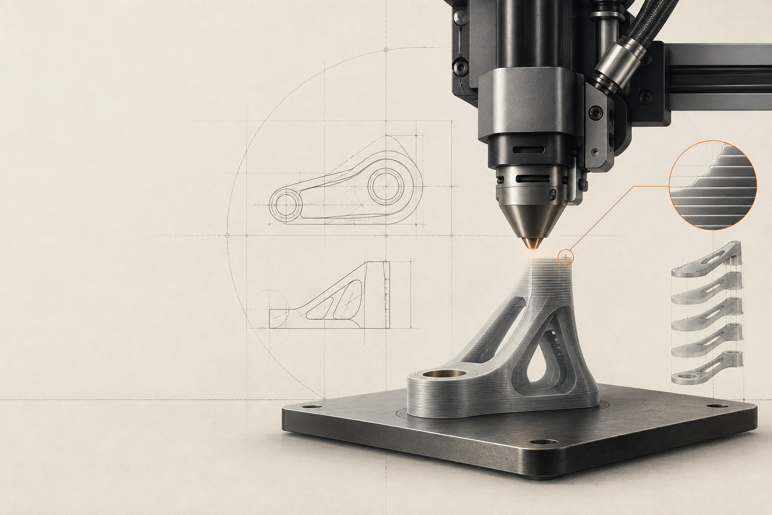 A precision print head building a functional part layer by layer, alongside technical construction drawings.