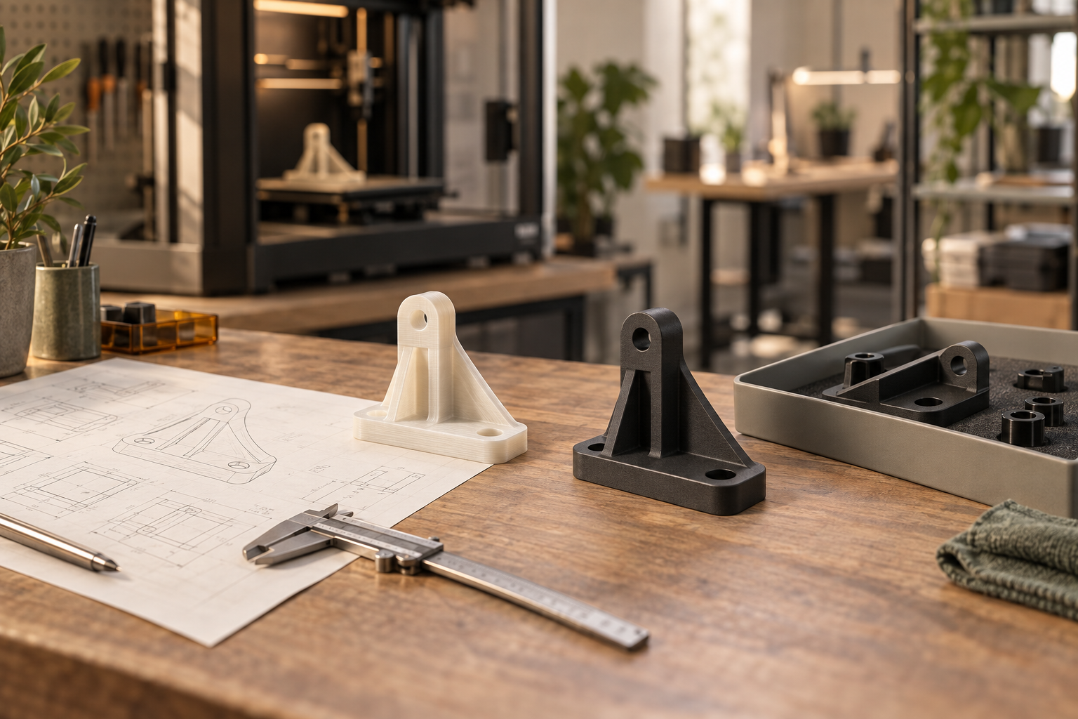 A reviewed drawing, printed prototype, finished component and inspection tray in a manufacturing studio.