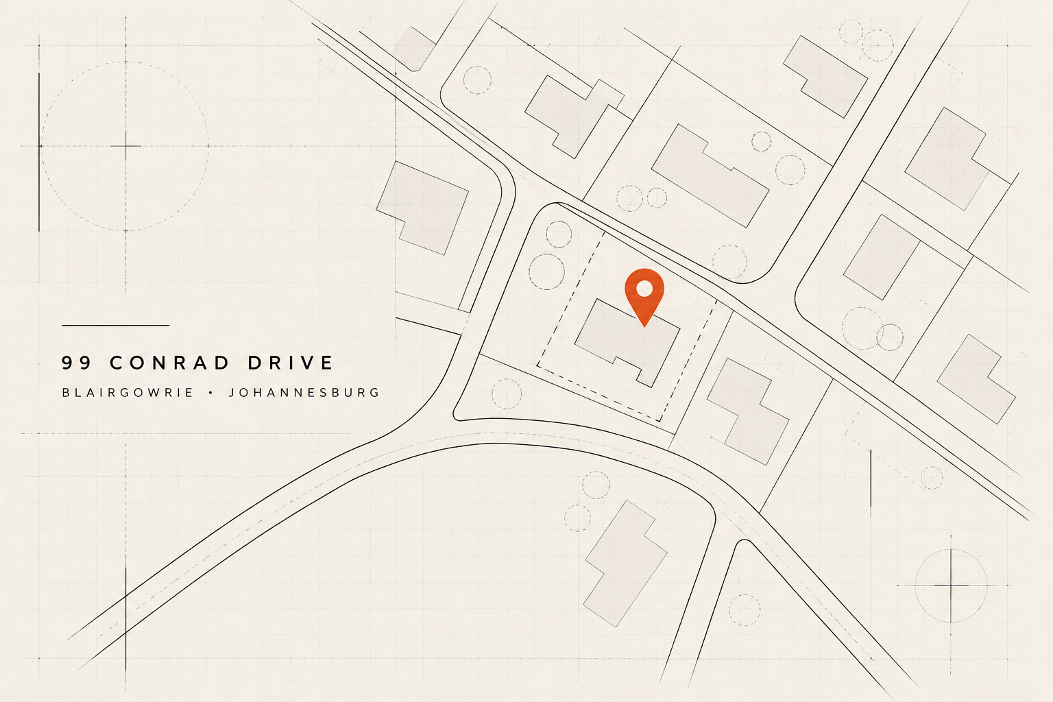 Schematic location graphic marking the VESSEY studio at 99 Conrad Drive in Blairgowrie, Johannesburg