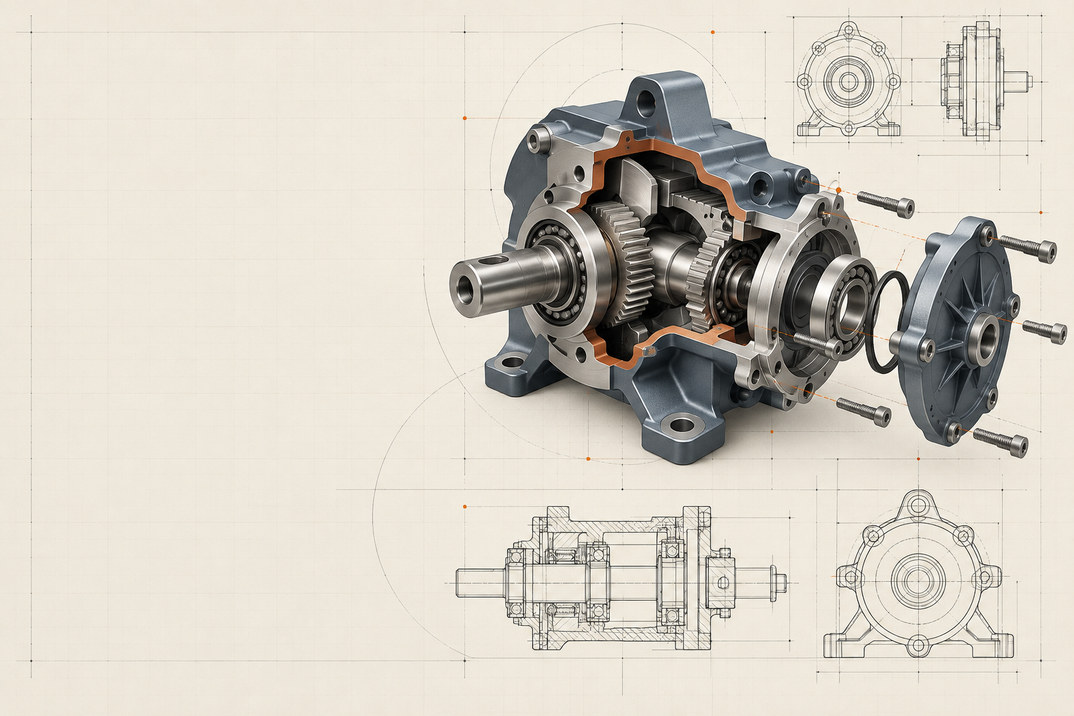 An exploded mechanical assembly with alignment and dimension guides.