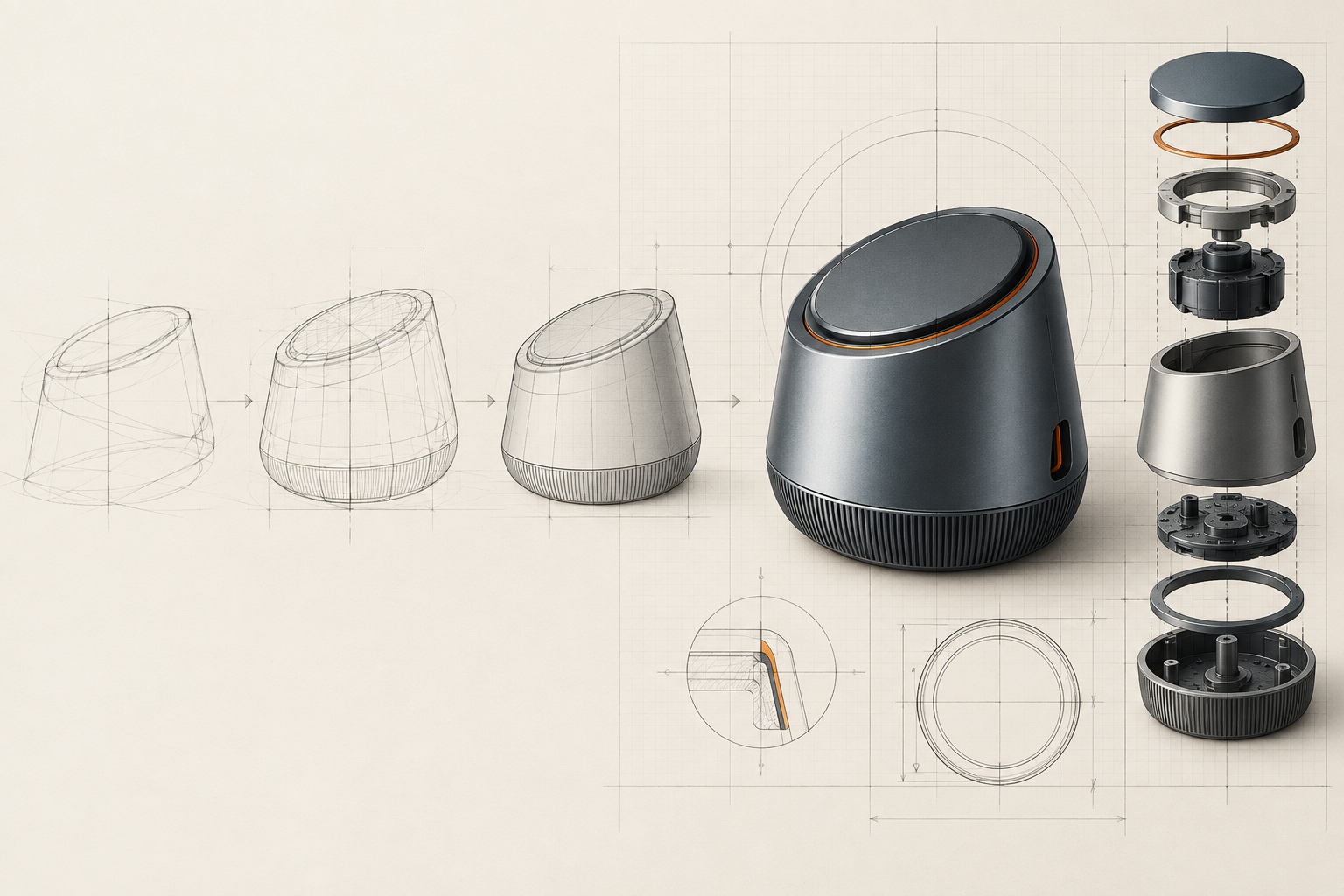 Technical illustration of a product form with construction lines and an inset component