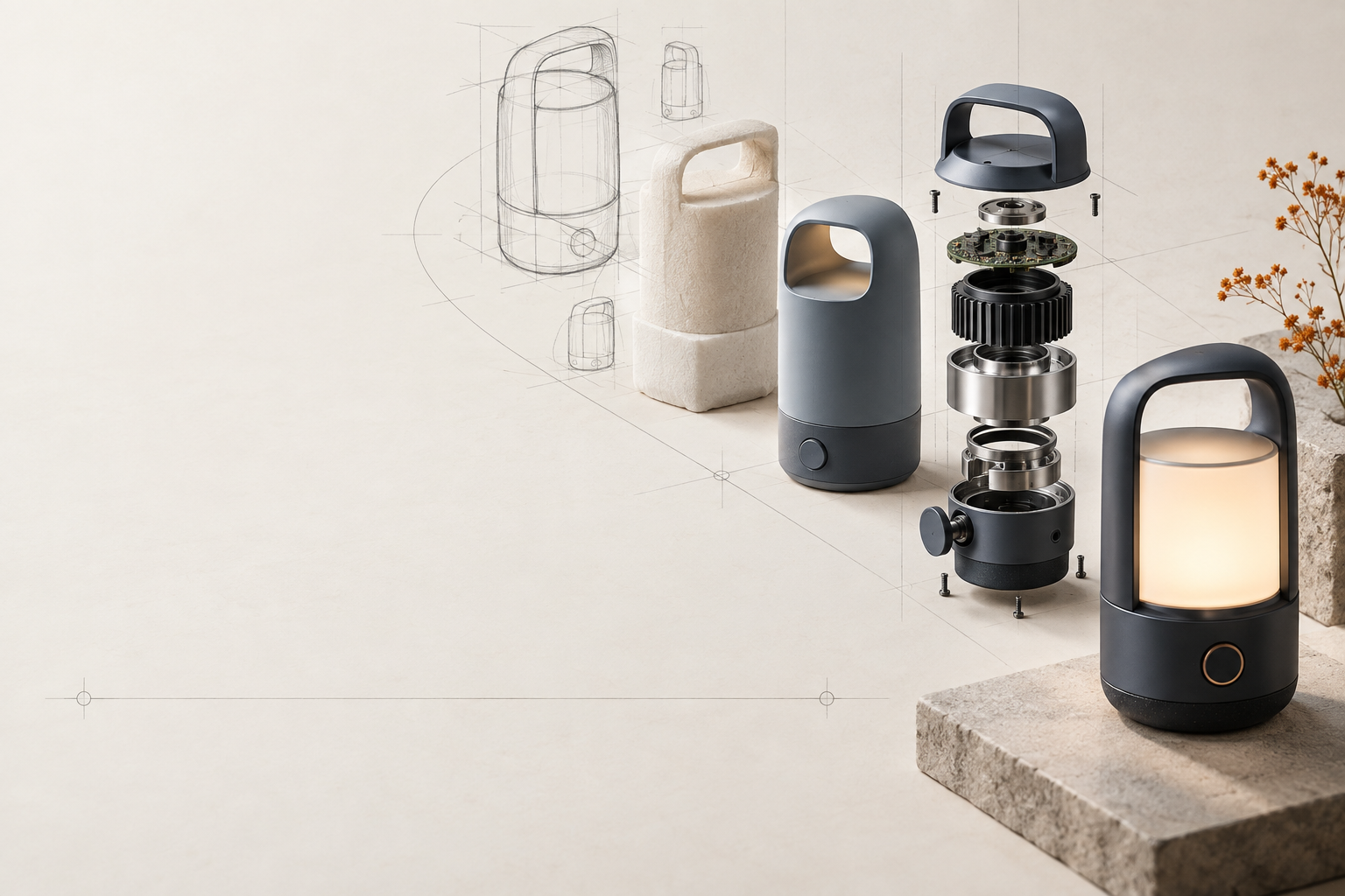 Concept sketches, a product prototype and an engineered assembly showing the path from idea to manufacture
