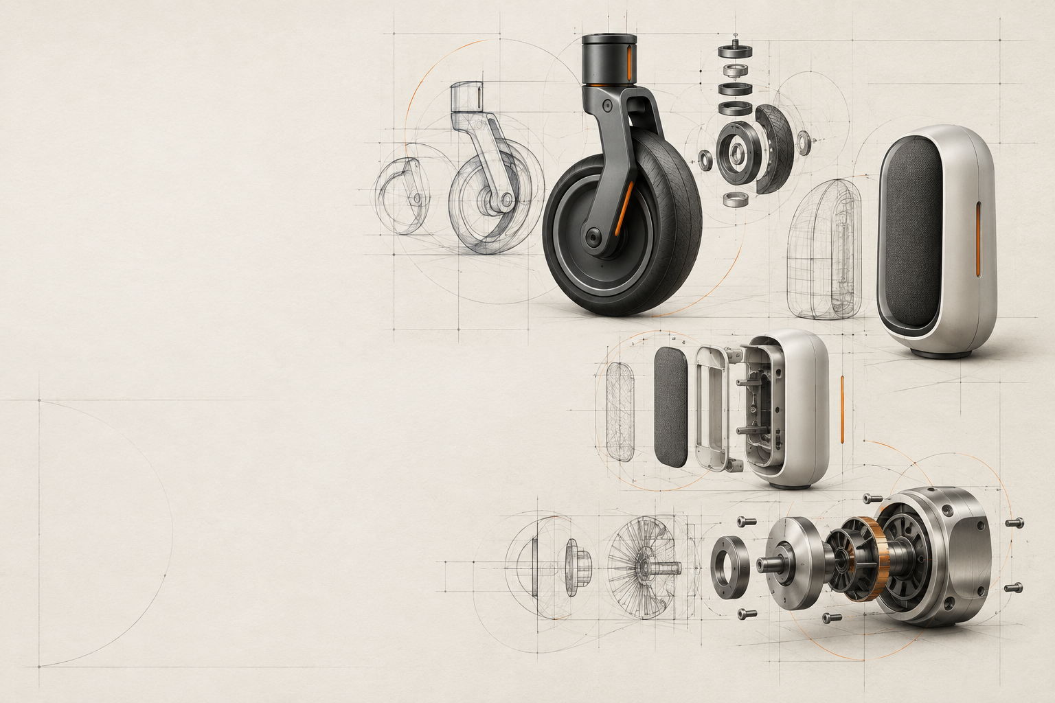 A curated collection of product concept models, sketches and component details arranged as a technical study