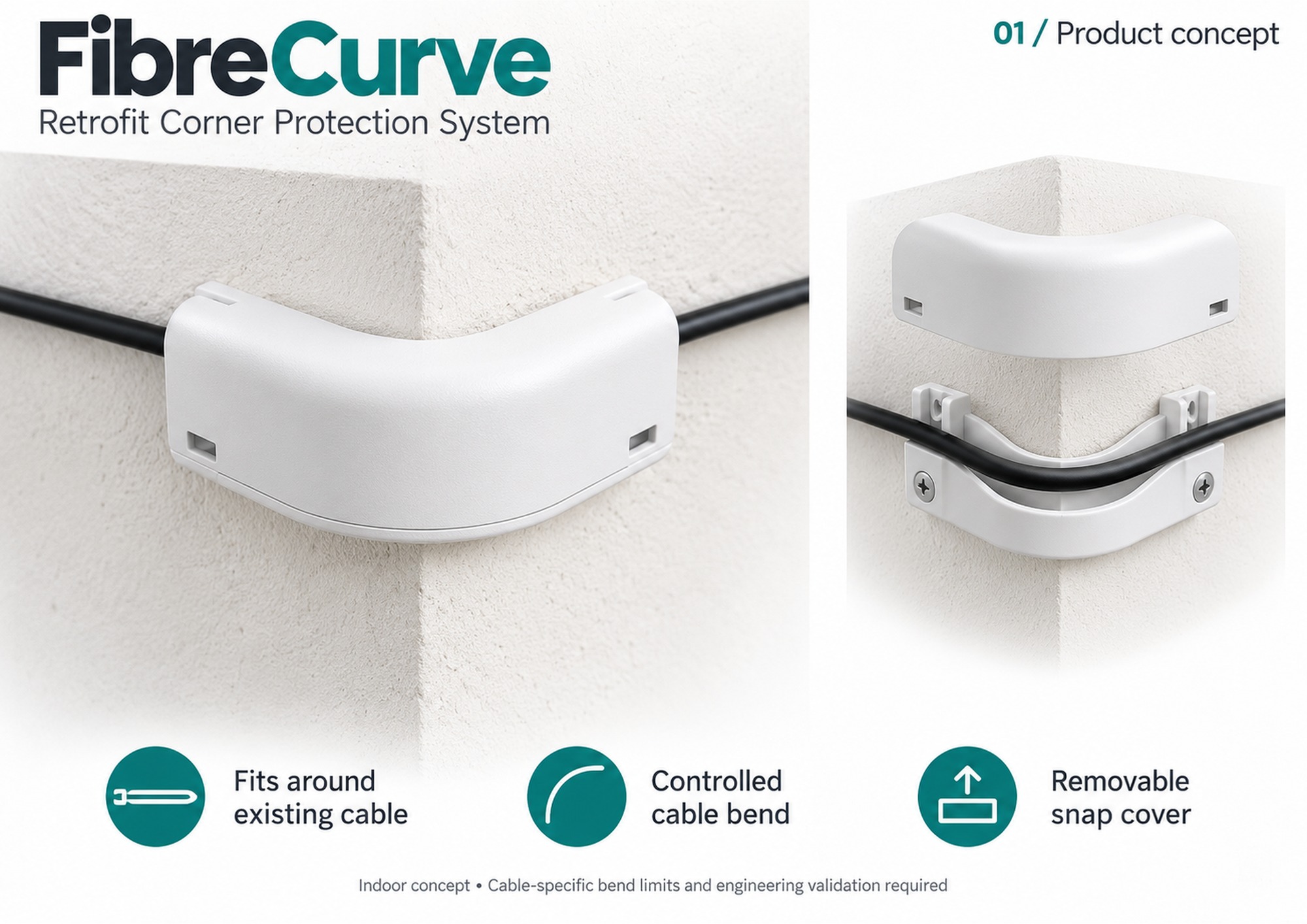 FibreCurve external corner protector with removable snap cover and open cable guide.
