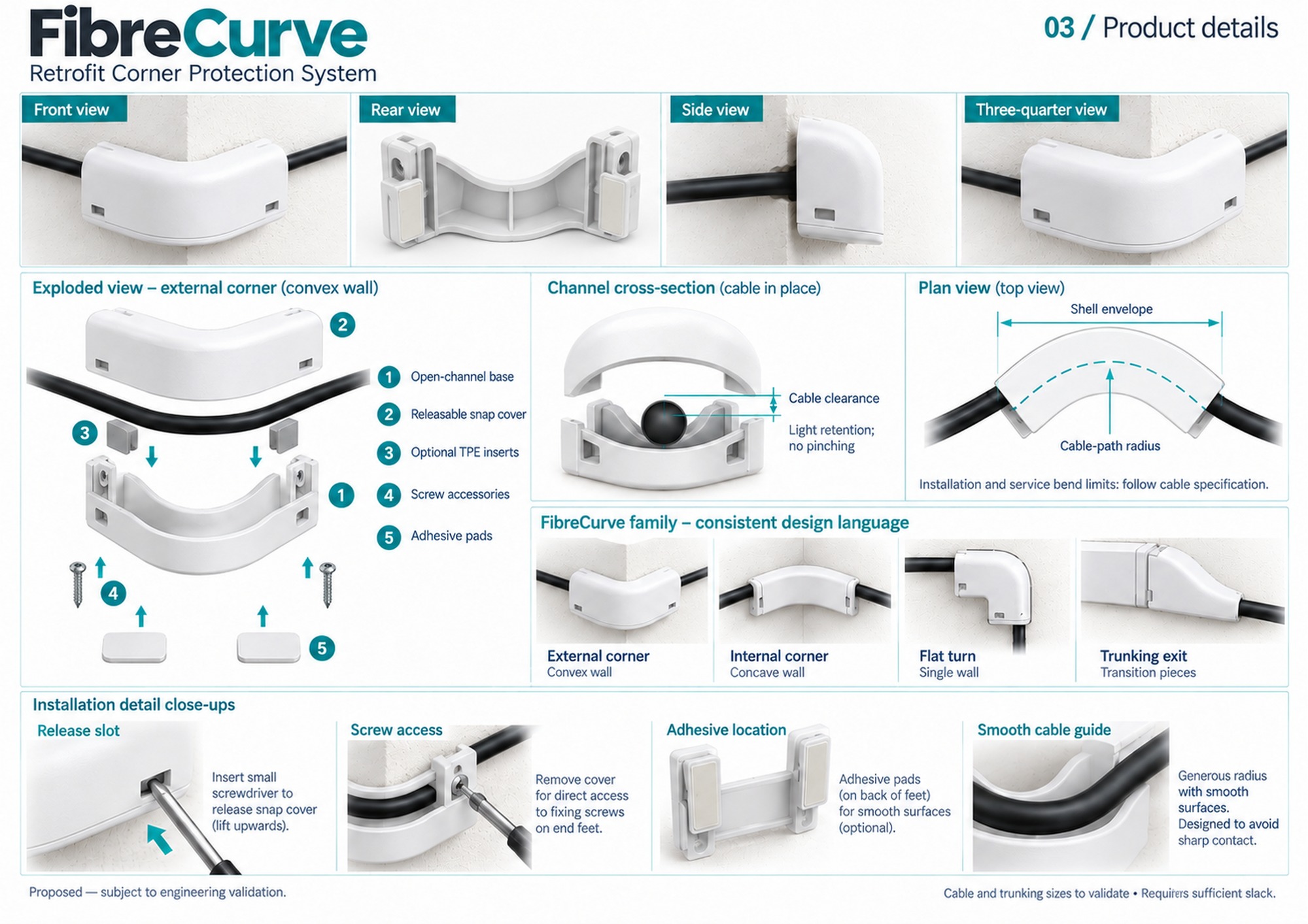 Open mounting base, releasable cover, inserts, mounting options and cable clearance.