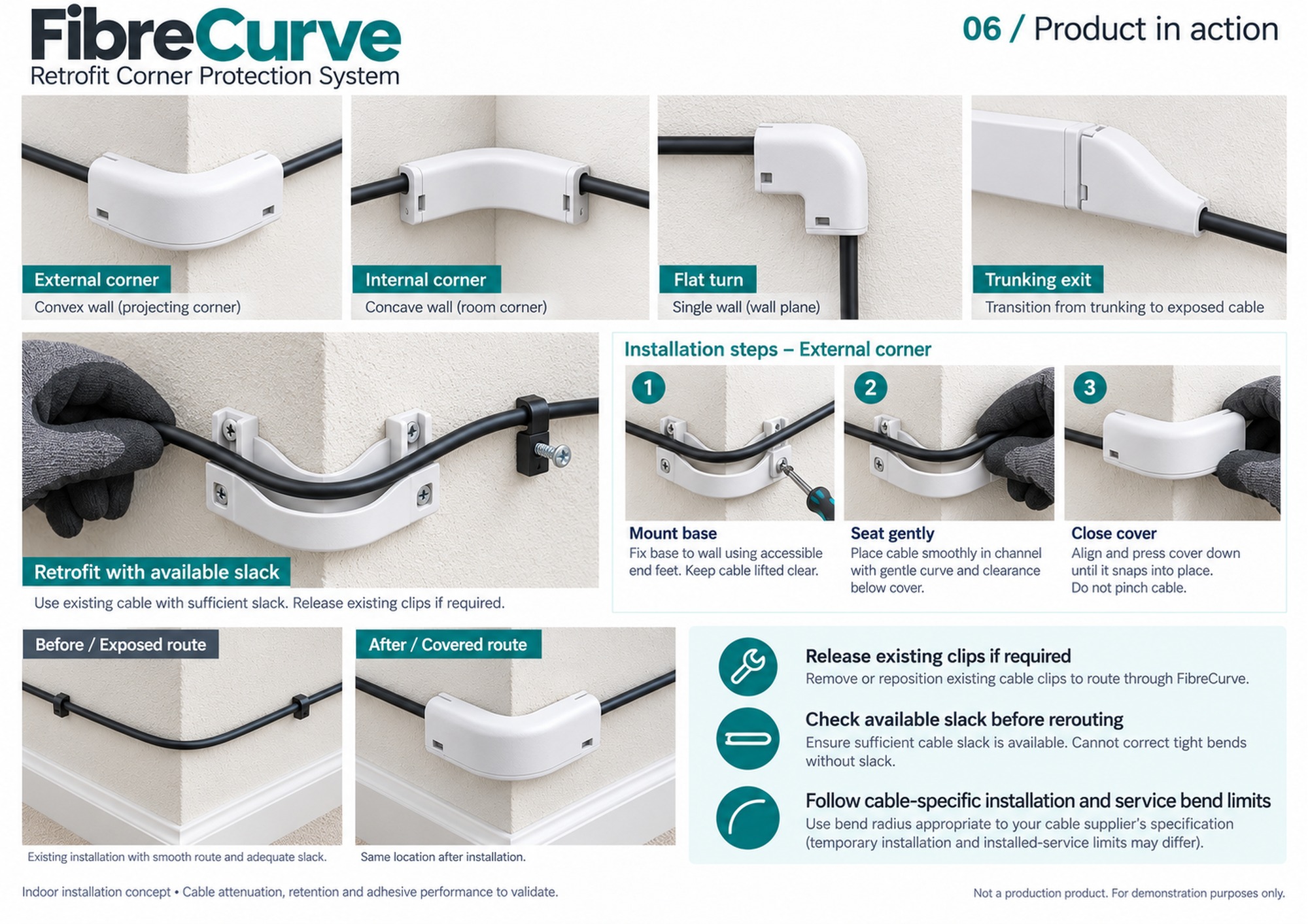 Illustrative internal, external, flat-turn and trunking-exit installations with cable slack and retrofit assembly.
