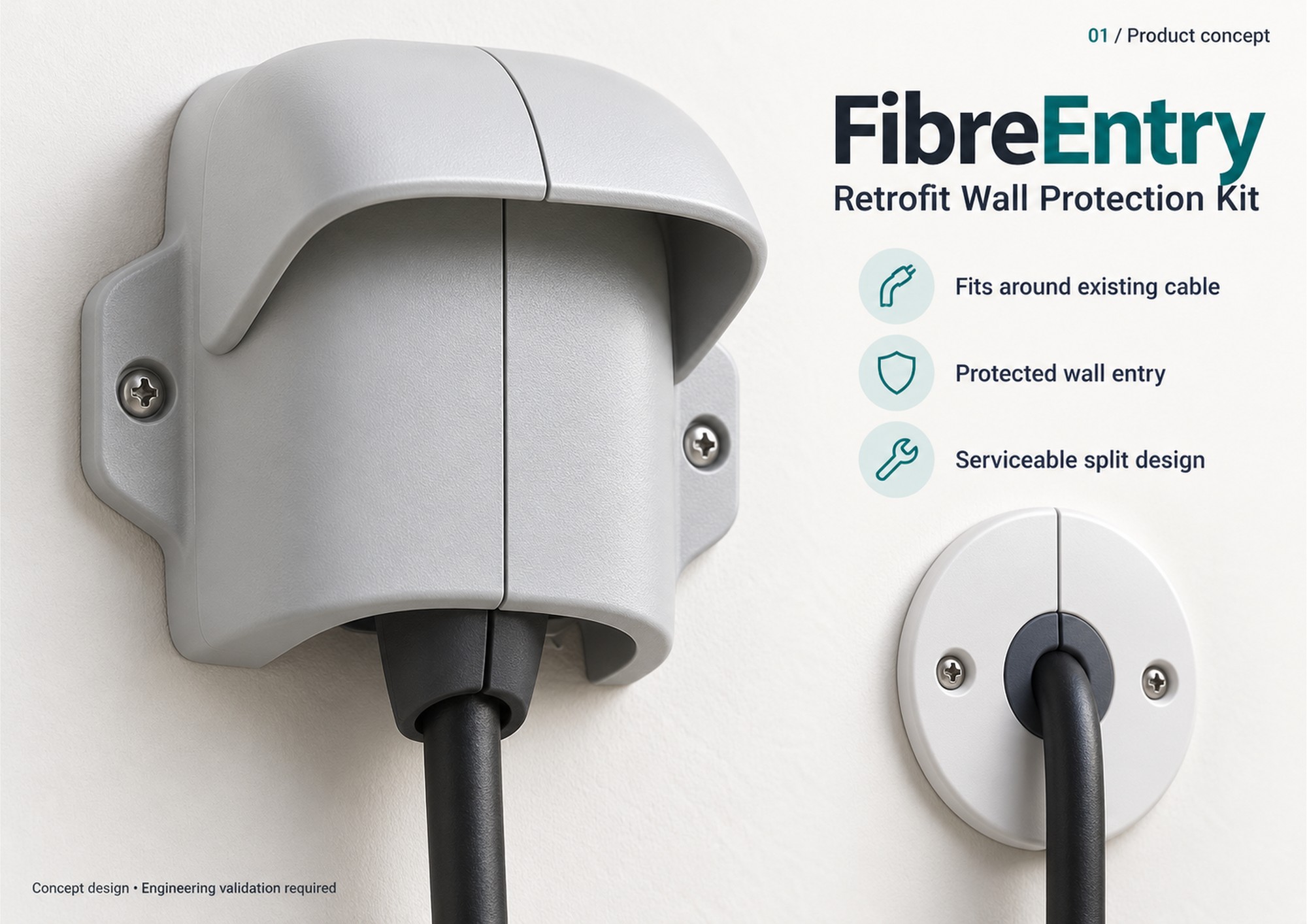 FibreEntry split outdoor rain hood and circular indoor finishing plate, shown as a retrofit wall-entry concept.
